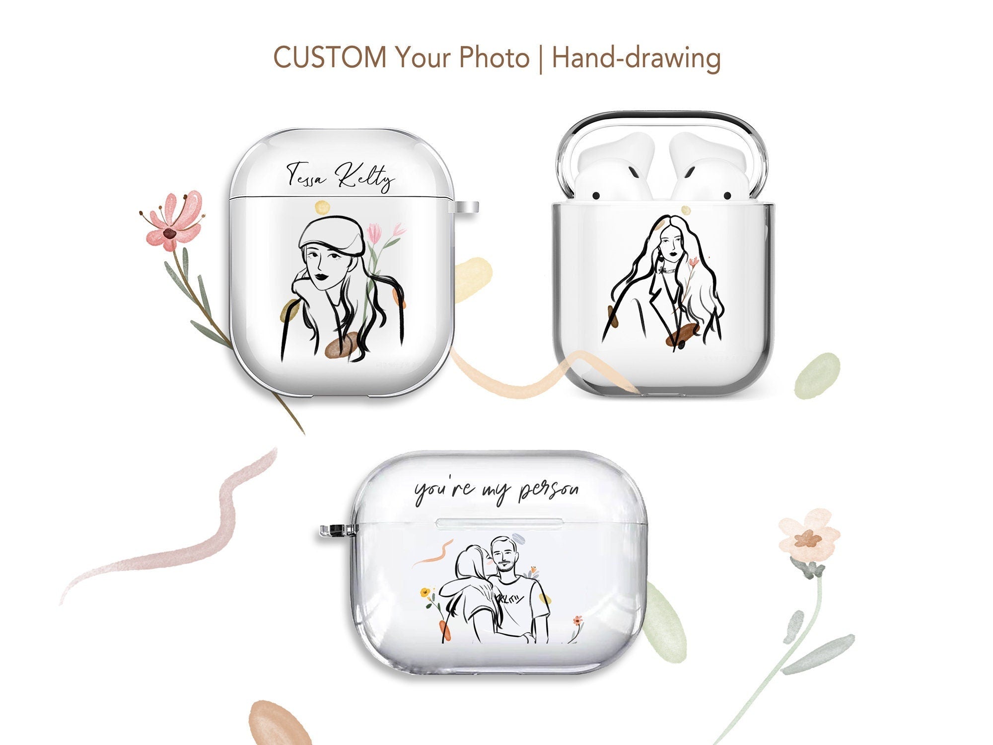 CUSTOM illustrated Portrait AirPods Case, hand drawing Minimalist Line, for Family Couple Friend