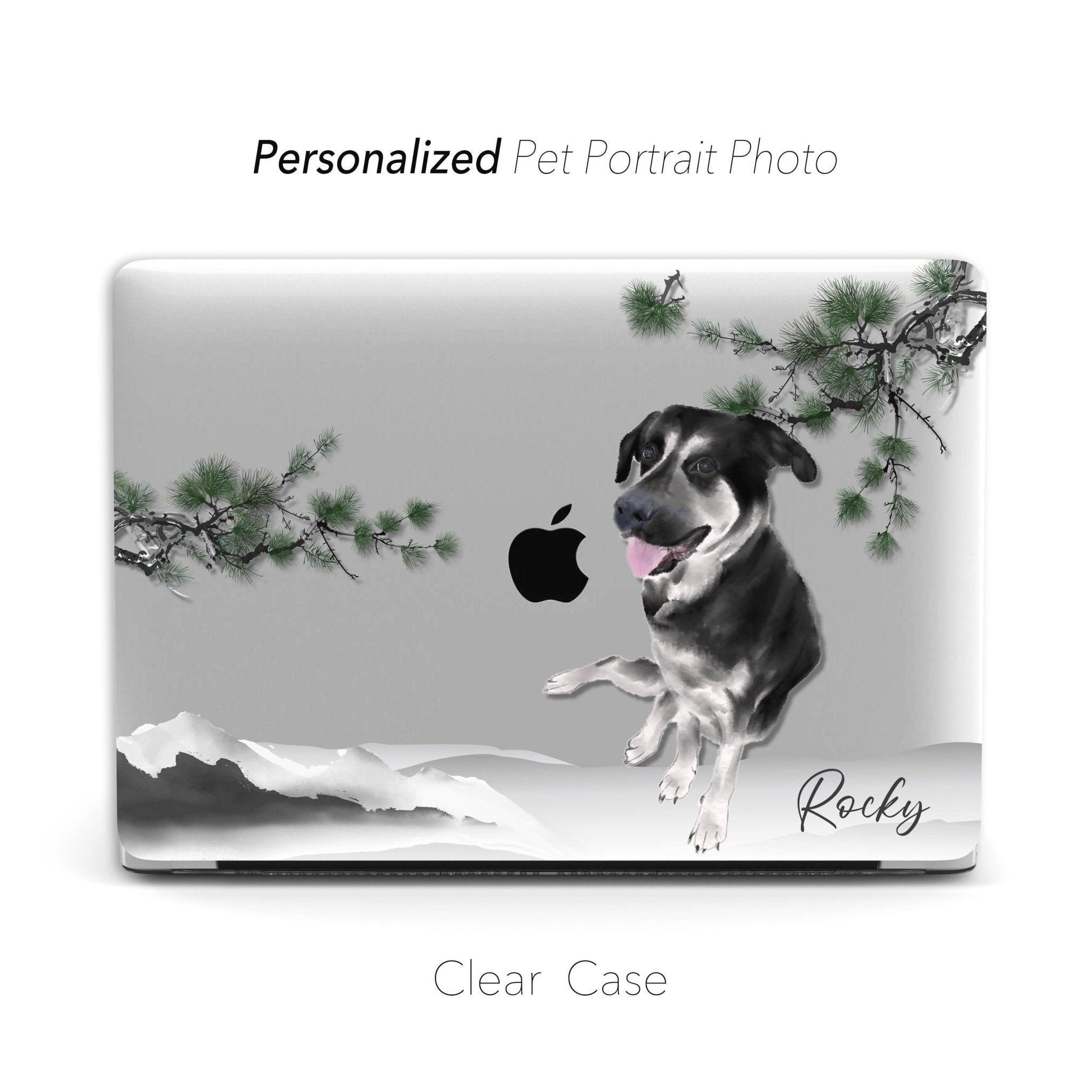CUSTOM Ink Watercolor Dog Cat Pet Portrait, Macbook CLEAR CASE, Oriental Monochrome Landscape