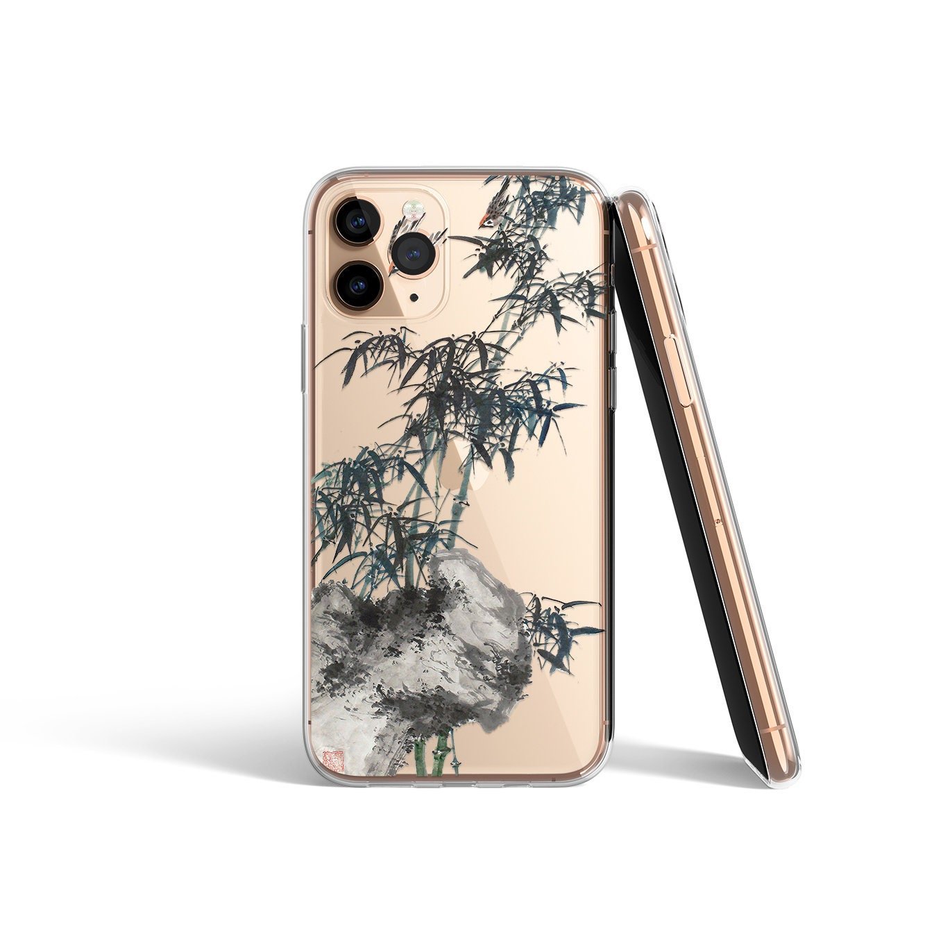 Ink watercolor Painting, Personalized Clear Phone Case, Bamboo and birds