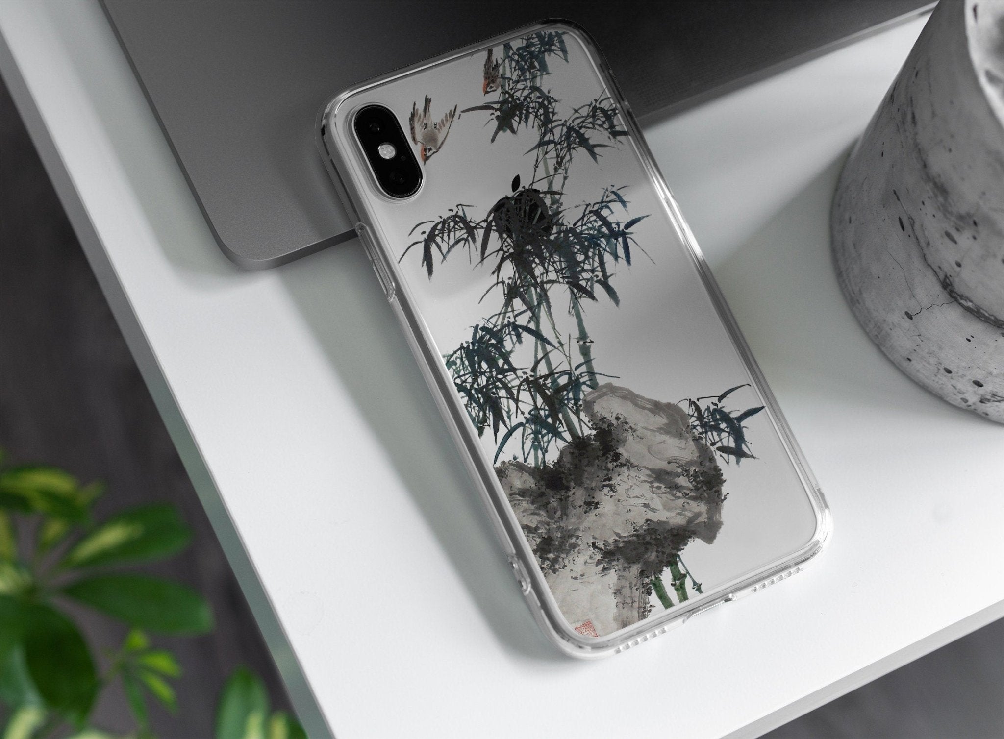Ink watercolor Painting, Personalized Clear Phone Case, Bamboo and birds