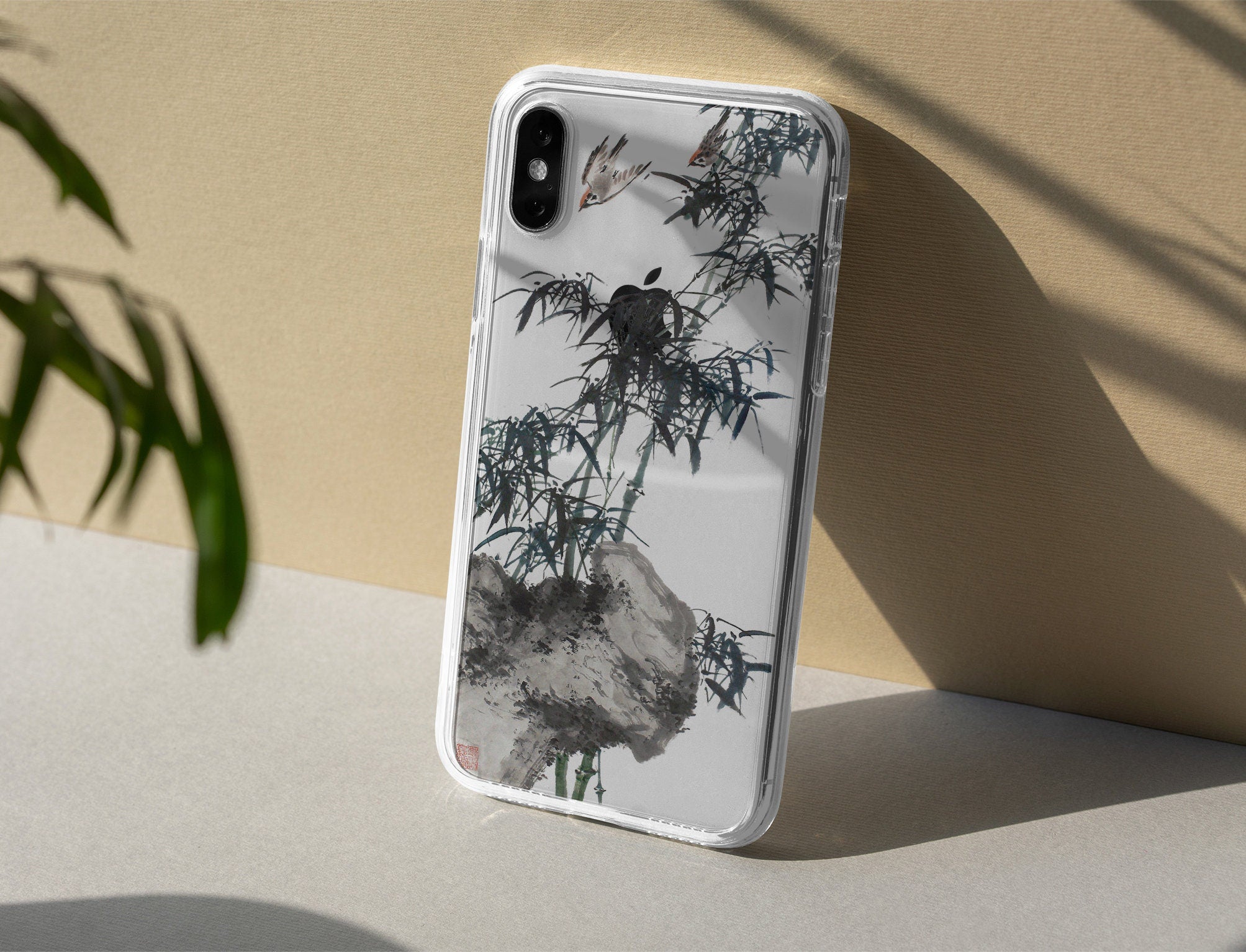 Ink watercolor Painting, Personalized Clear Phone Case, Bamboo and birds