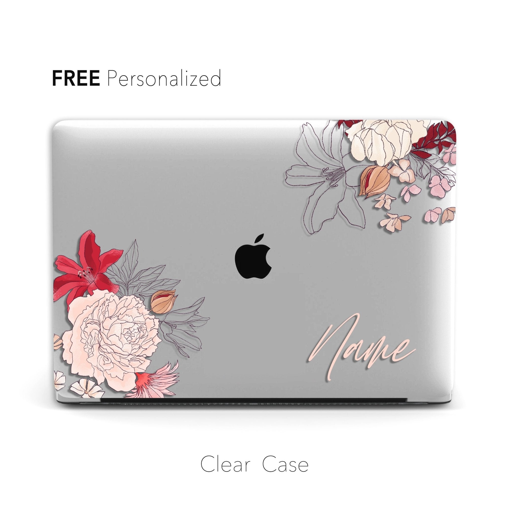 Personalized Aesthetic Red Floral Macbook Clear Case, Custom Name