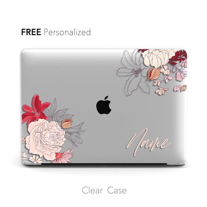 Personalized Aesthetic Red Floral Macbook Clear Case, Custom Name - MinimalGadget