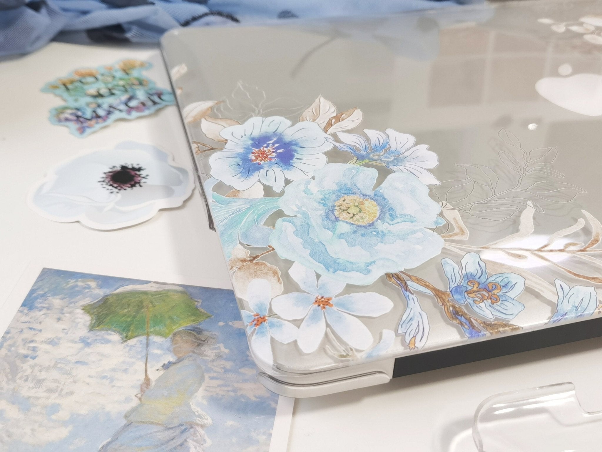 Personalized Floral Macbook Clear Case, Blue Watercolor Floral Leaves