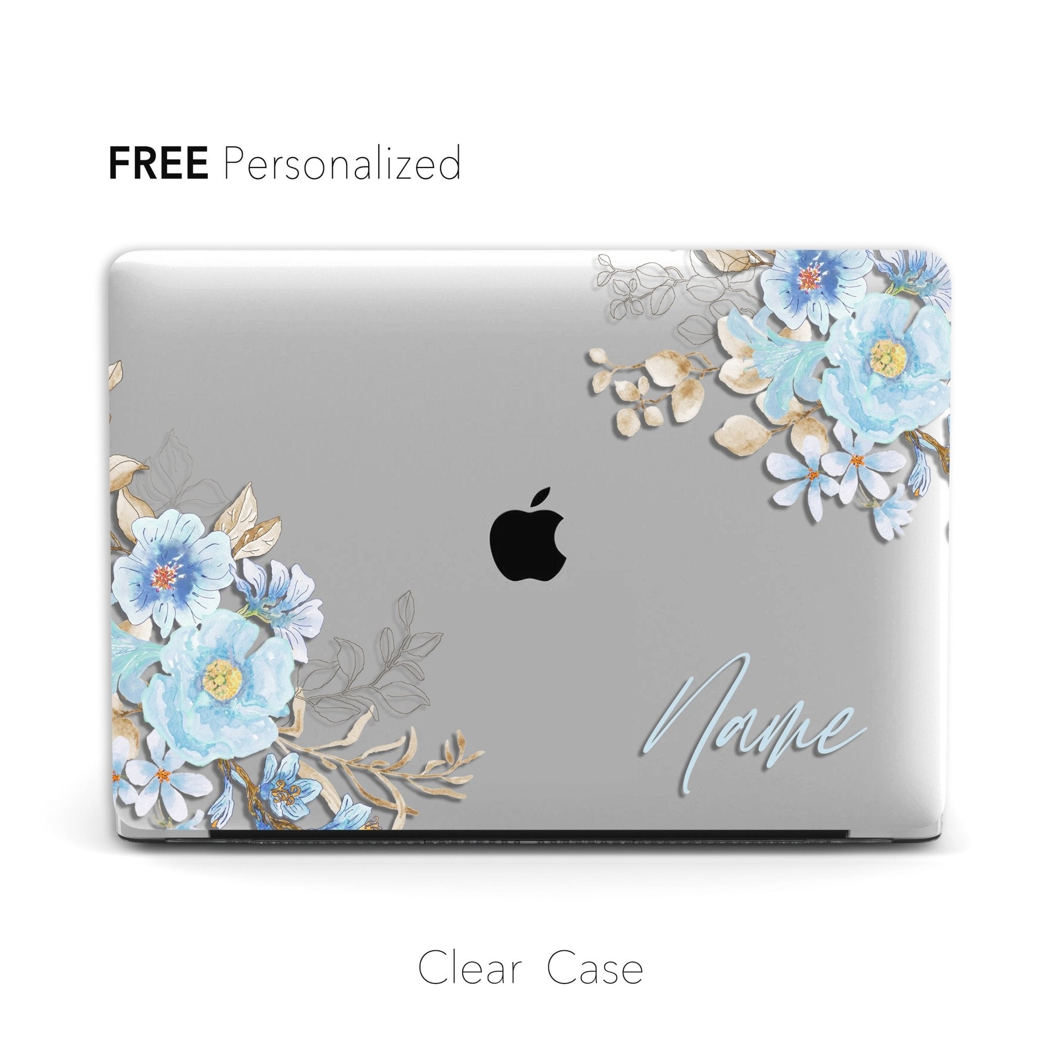 Personalized Floral Macbook Clear Case, Blue Watercolor Floral Leaves