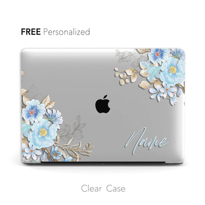 Personalized Floral Macbook Clear Case, Blue Watercolor Floral Leaves - MinimalGadget