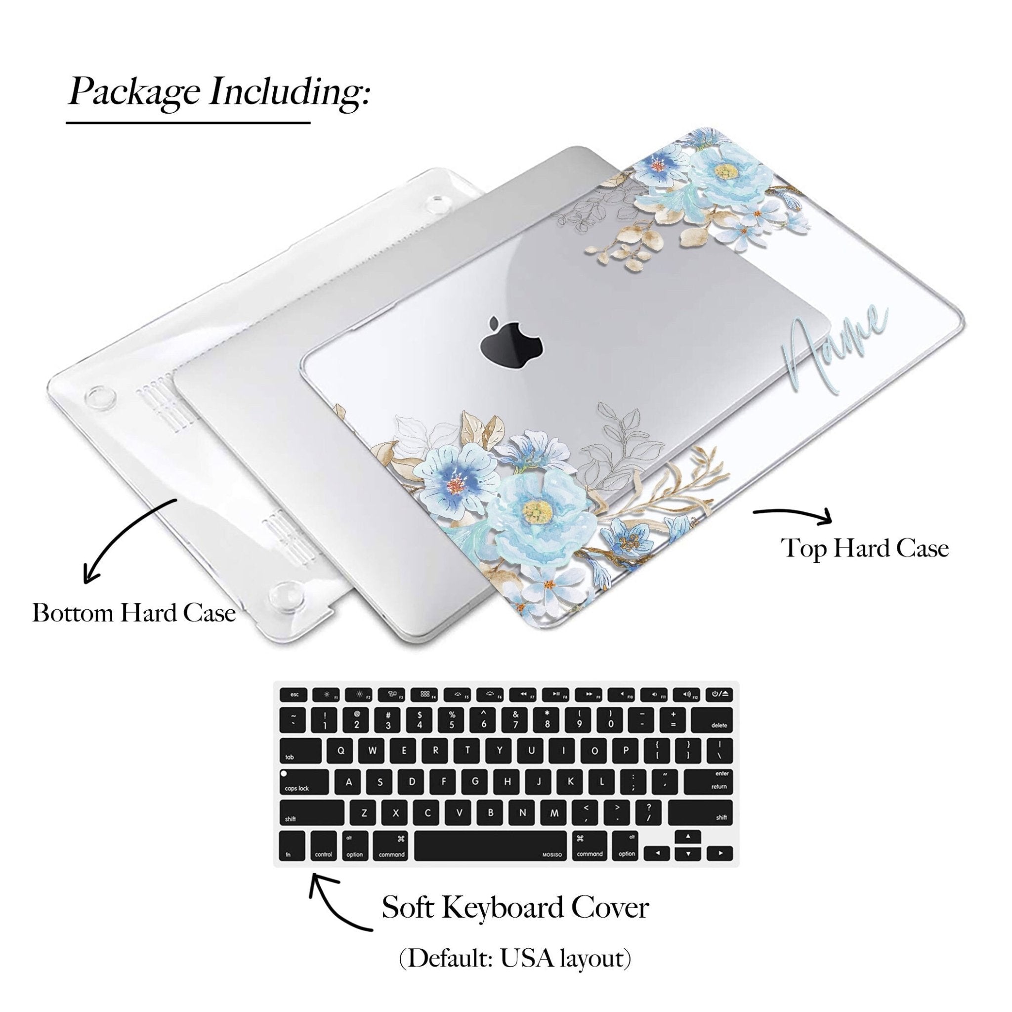 Personalized Floral Macbook Clear Case, Blue Watercolor Floral Leaves