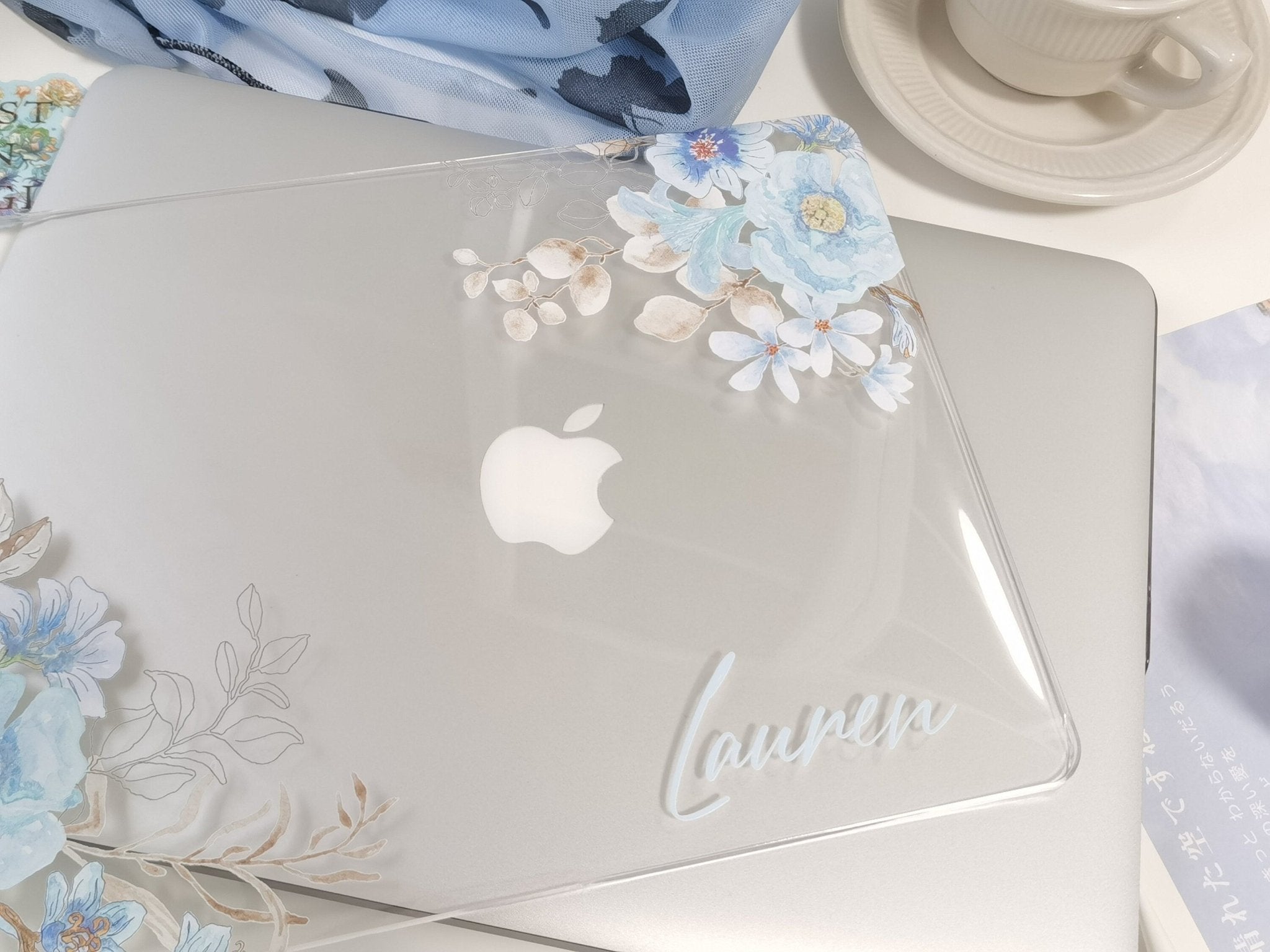 Personalized Floral Macbook Clear Case, Blue Watercolor Floral Leaves