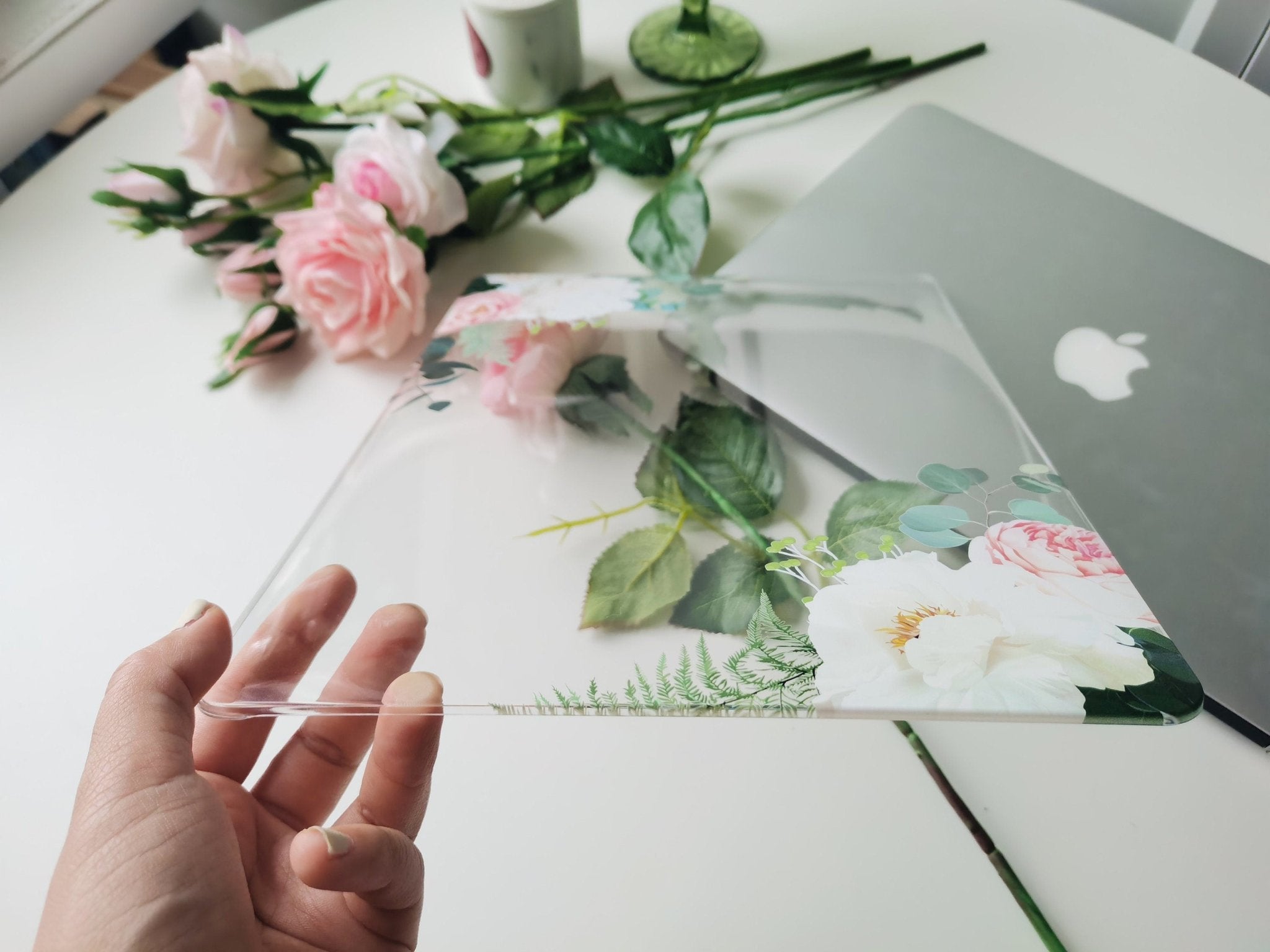 Personalized Floral Macbook Clear case, Watercolor Flowers roses leaves