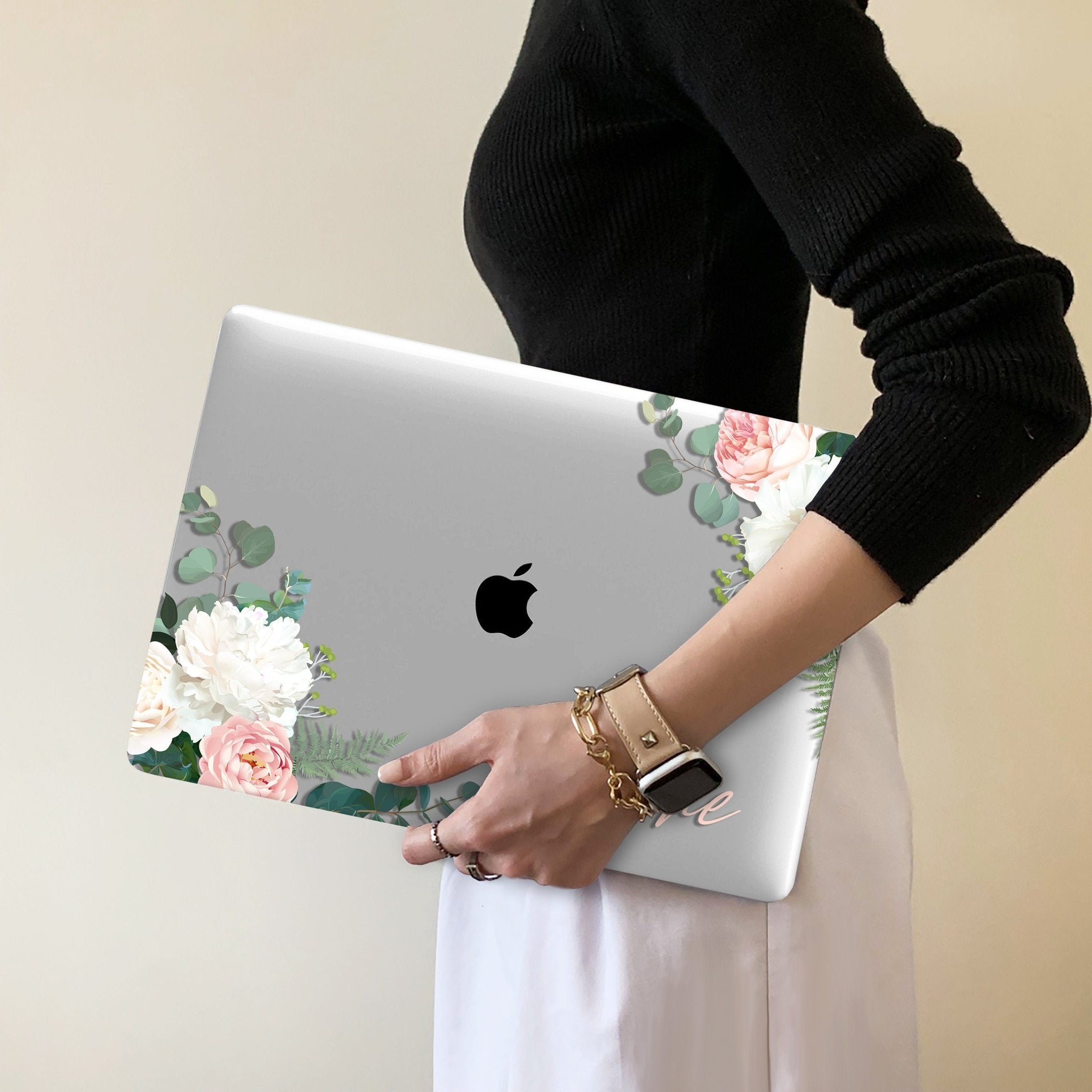 Personalized Floral Macbook Clear case, Watercolor Flowers roses leaves