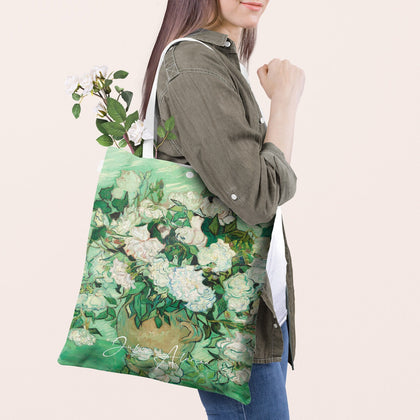 Personalized Name Van Gogh Canvas Tote Bag, Wild Roses, Modern Shopping Bag - MinimalGadget