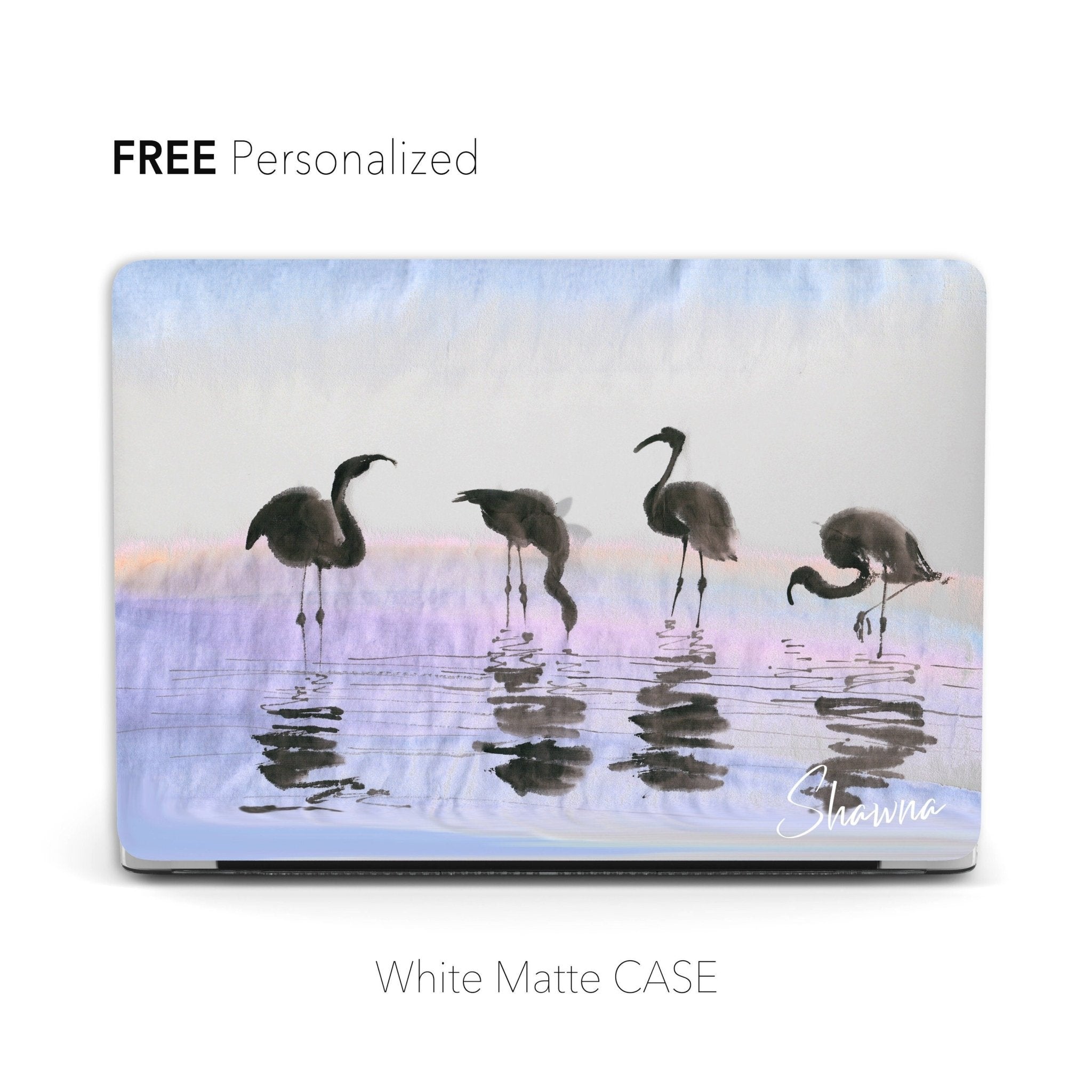 Personalized Oriental Ink Watercolor Landscape, Flamingos by the river Macbook Matte Case
