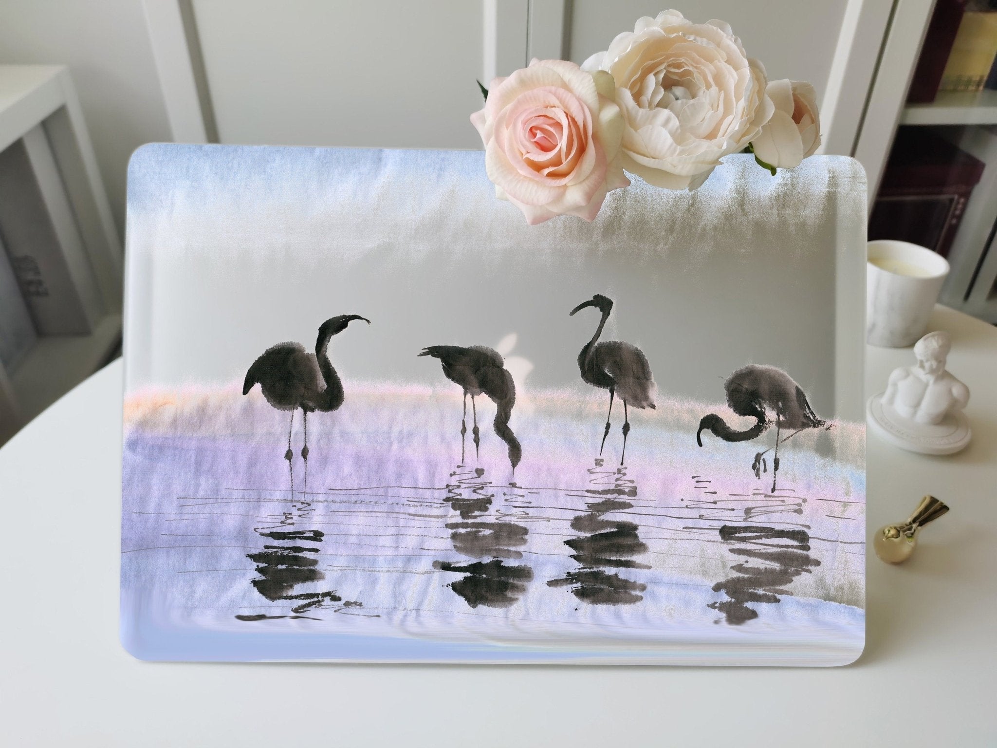 Personalized Oriental Ink Watercolor Landscape, Flamingos by the river Macbook Matte Case