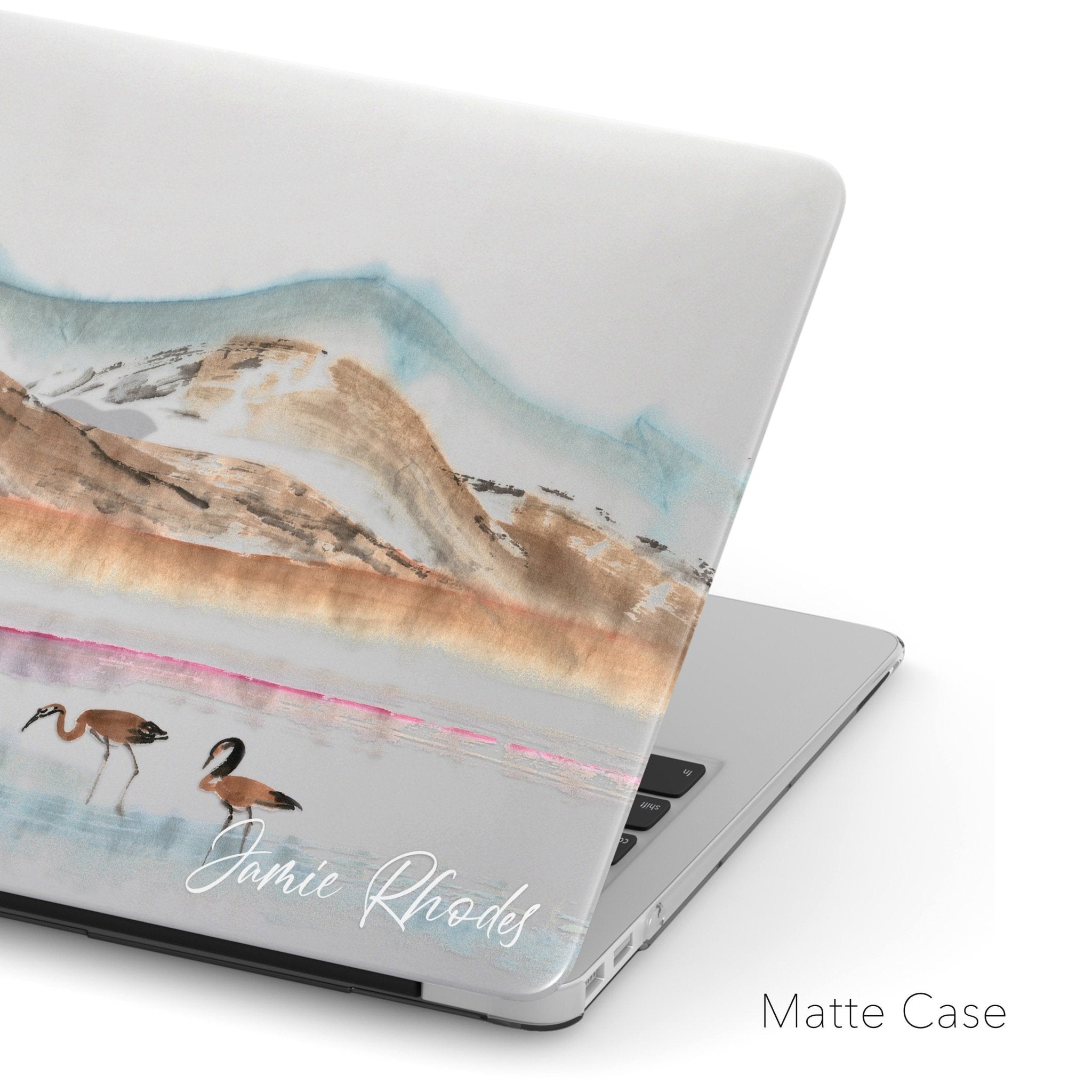 Personalized Oriental Ink Watercolor Landscape, Flamingos by the river Macbook Matte Case