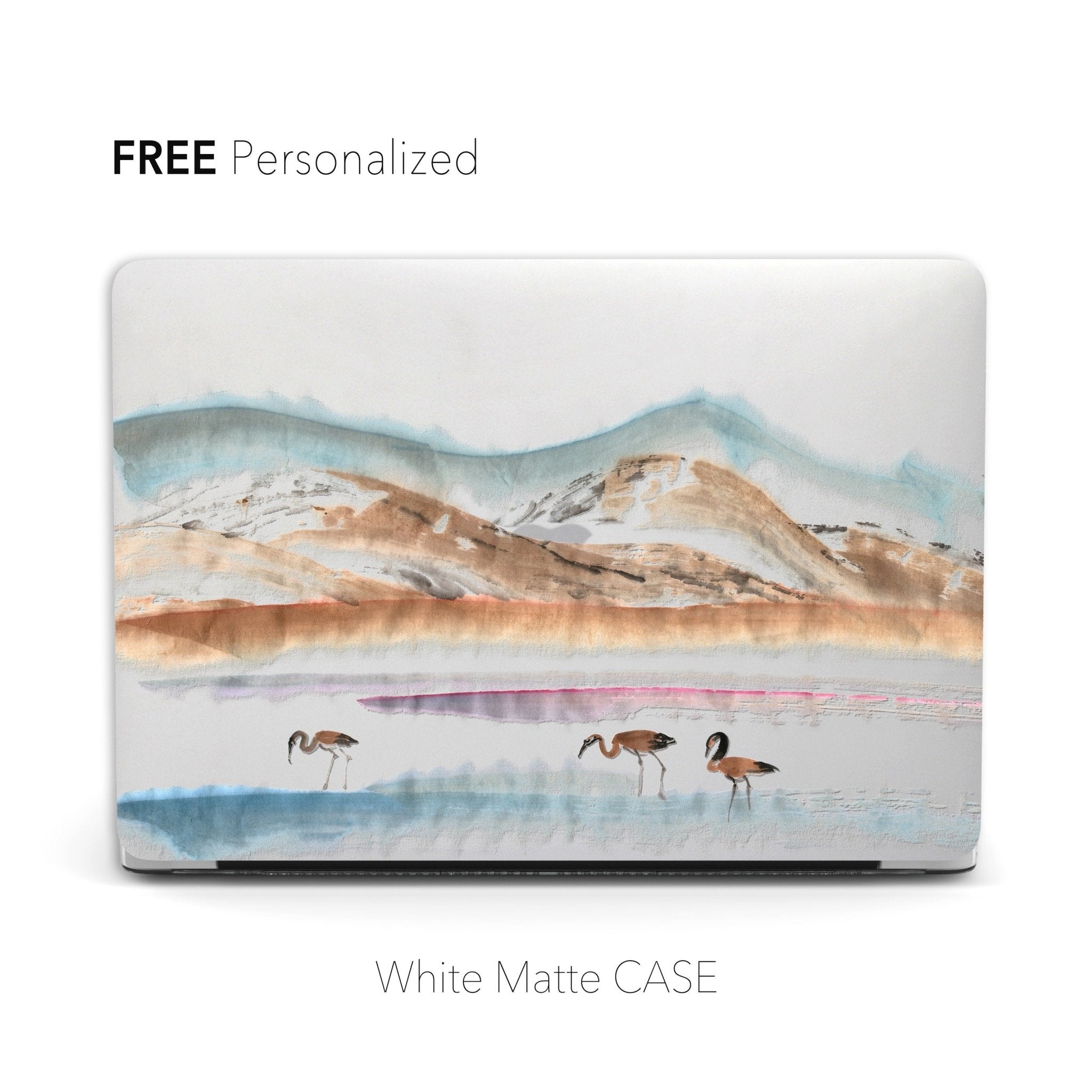 Personalized Oriental Ink Watercolor Landscape, Flamingos by the river Macbook Matte Case