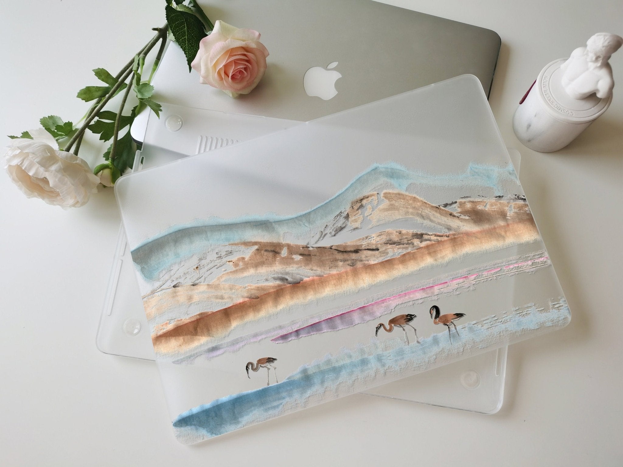 Personalized Oriental Ink Watercolor Landscape, Flamingos by the river Macbook Matte Case