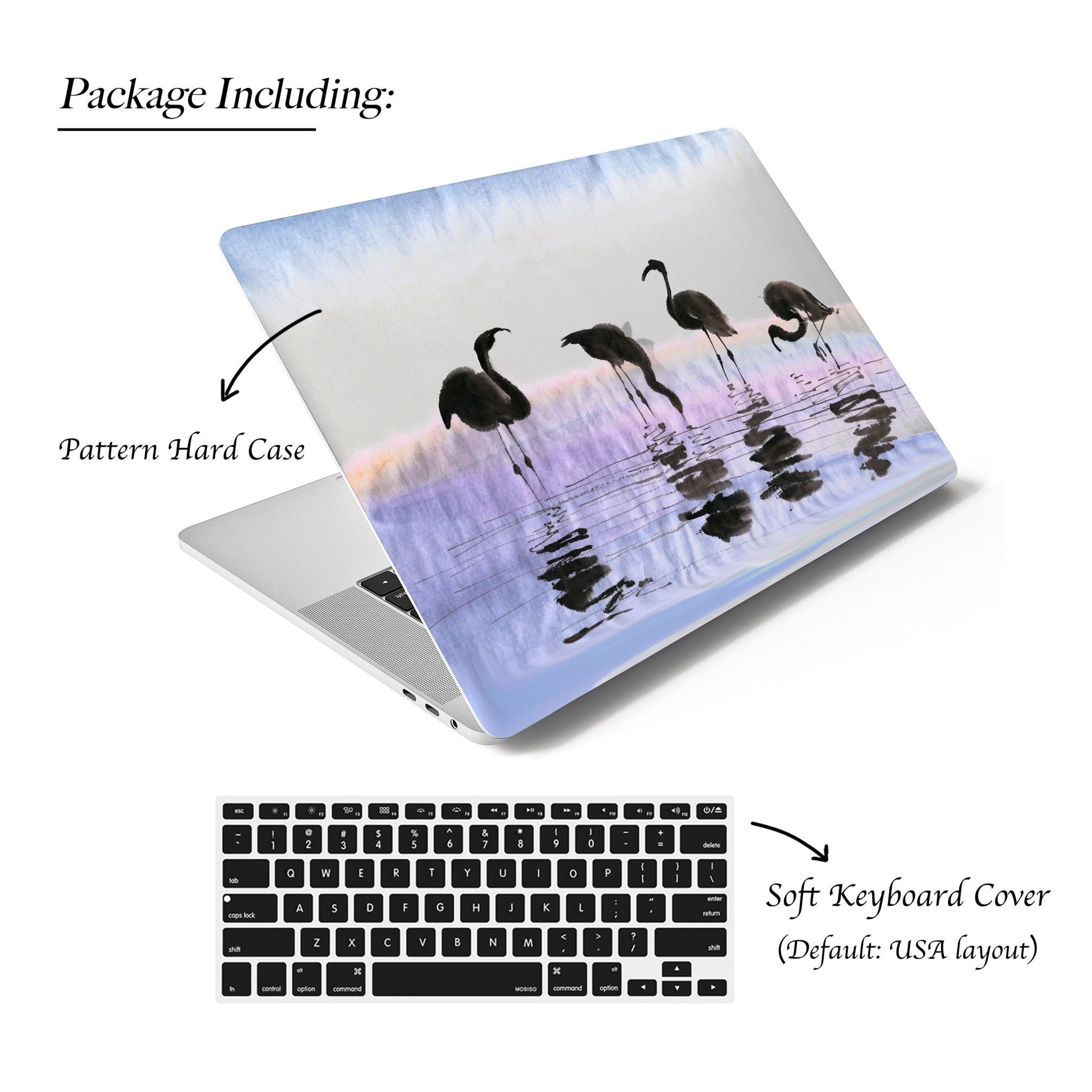 Personalized Oriental Ink Watercolor Landscape, Flamingos by the river Macbook Matte Case