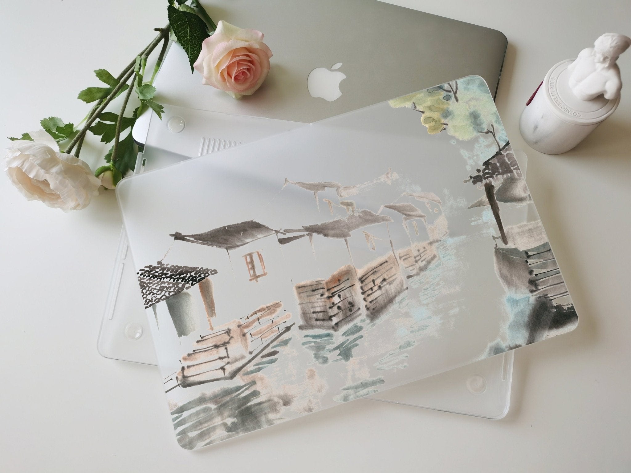 Personalized Oriental Ink Watercolor Landscape, Water Town Quiet Countryside, Macbook Matte CASE