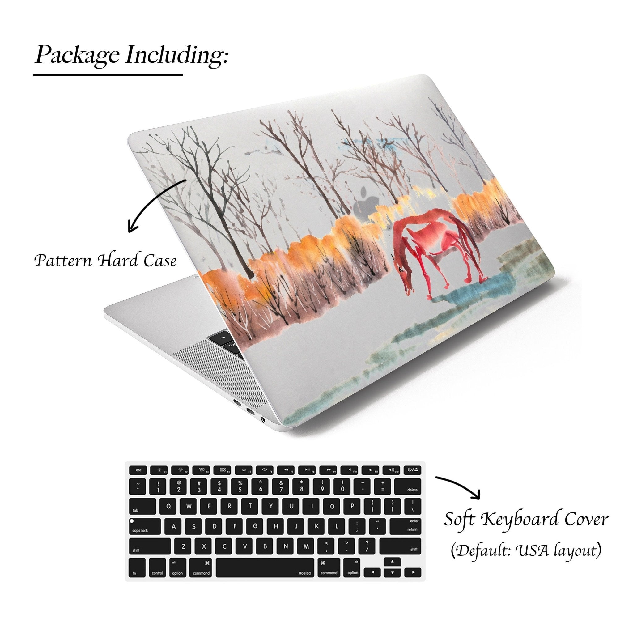 Personalized Oriental Ink Watercolor Painting, Horse Forest Landscape, Macbook Matte Case