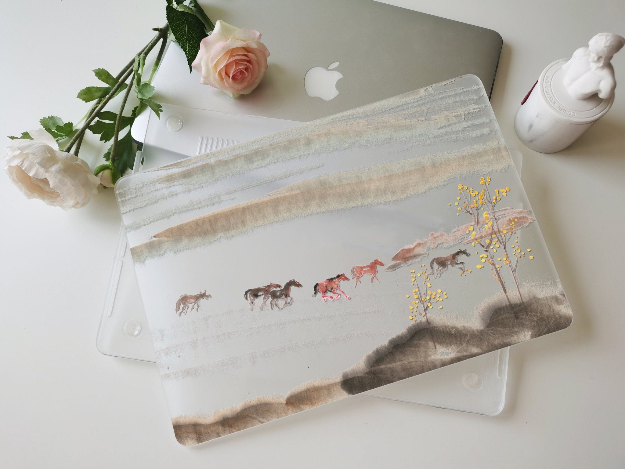 Personalized Oriental Ink Watercolor Painting, Horse Forest Landscape, Macbook Matte Case