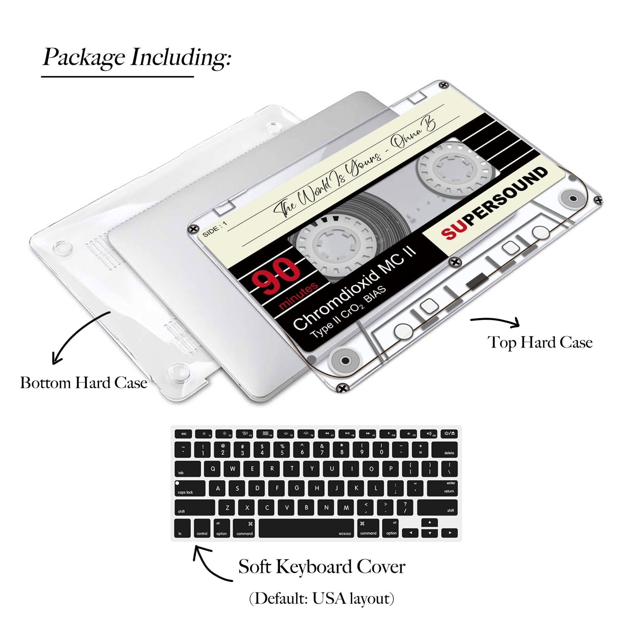 Vintage Audio Cassette illustration Macbook CLEAR Case, Personalized Name Case
